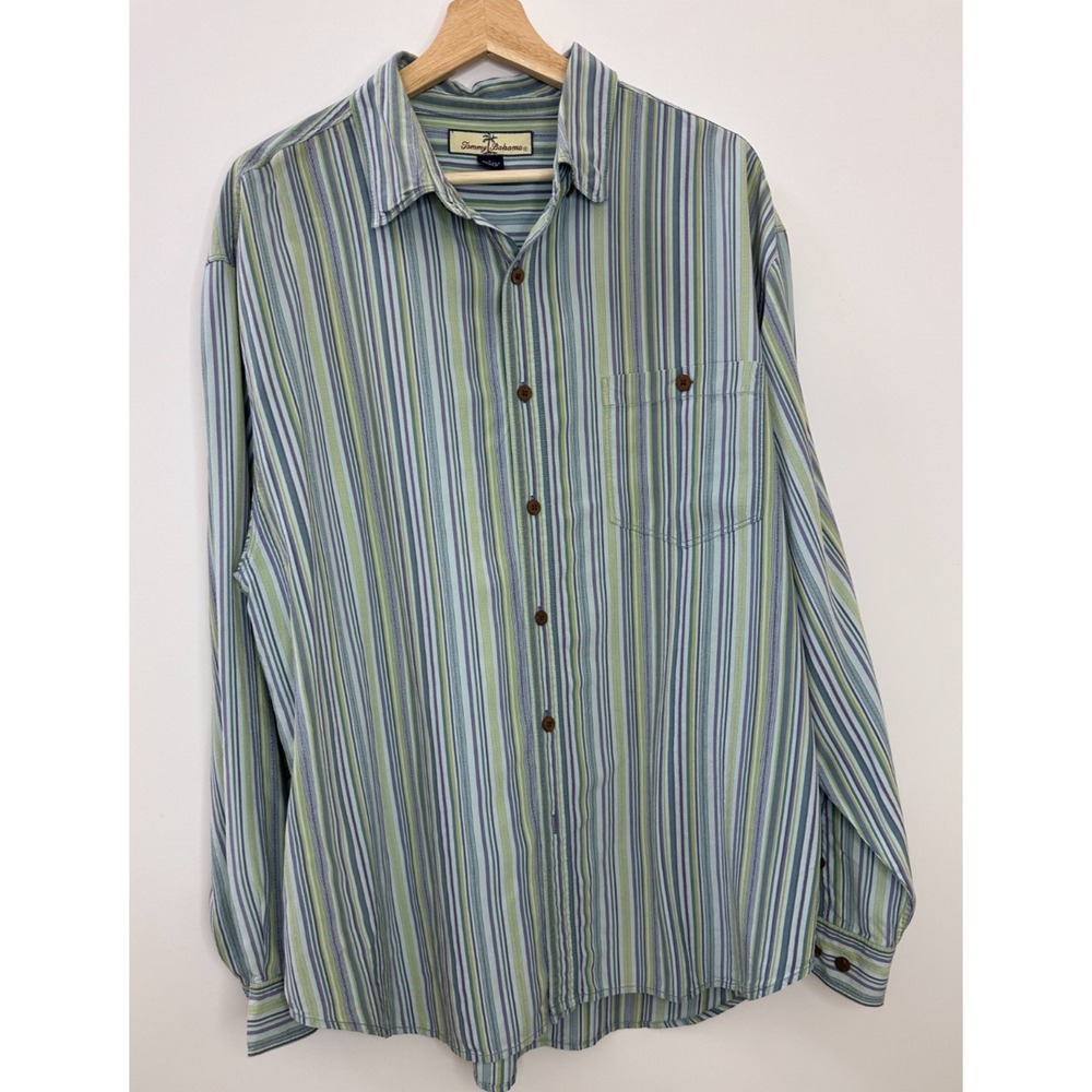 Tommy Bahama 100% Silk LS Striped Button Down Shirt Blue Mens Large Coastal Camp - Picture 13 of 13